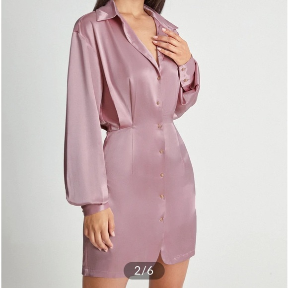 Pink Satin Long Sleeve Collared Button Front Shirt Dress- Size Small - Picture 2 of 10